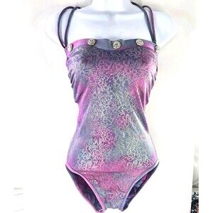 Vtg 80s Rose Marie Reid Rose Purple Pink Shimmery Silver Halter Swimsuit S/M/10